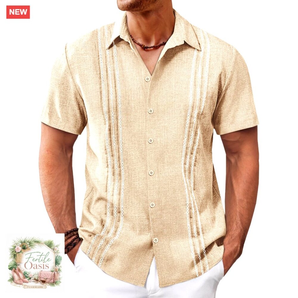 Short Sleeve Button Down Casual Summer Beach Wedding Embroidered Linen Tops